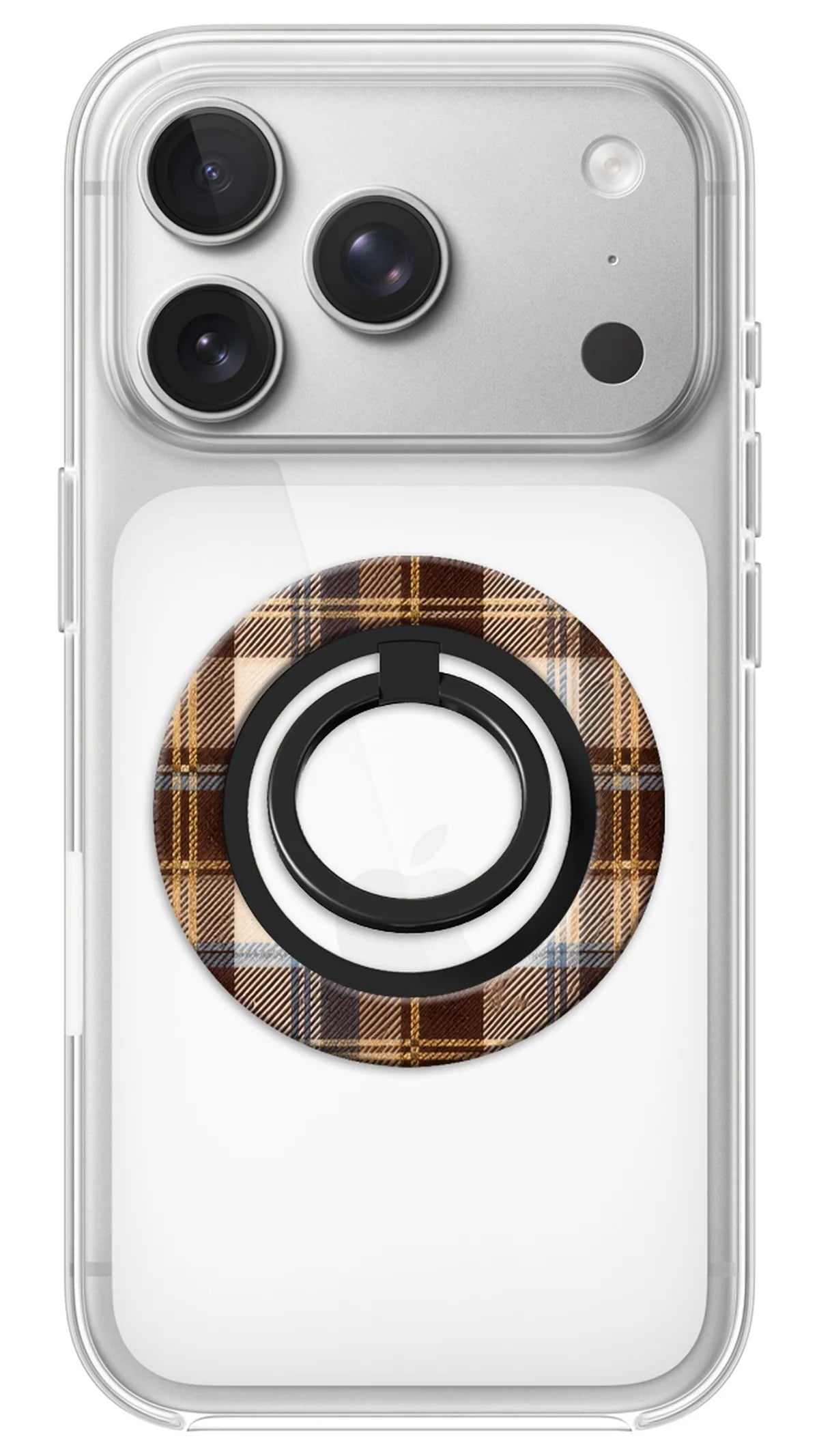 Bague Téléphone Magnétique Prestige Tartan Café, bague magnétique fixée au dos du téléphone, pour une prise en main sûre et un support vidéo pratique