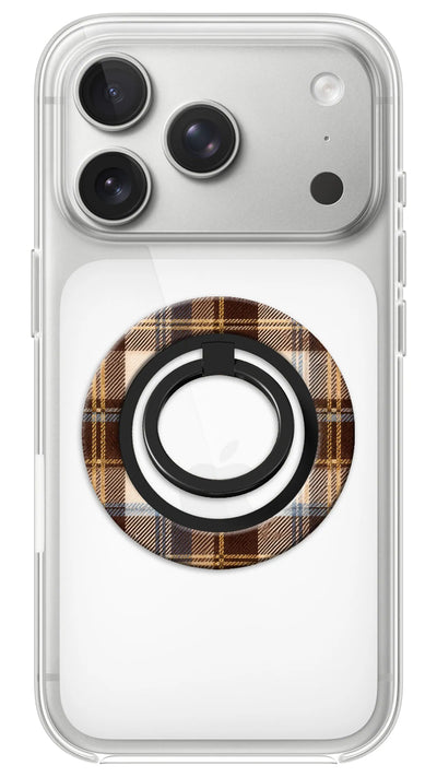Bague Téléphone Magnétique Prestige Tartan Café, bague magnétique fixée au dos du téléphone, pour une prise en main sûre et un support vidéo pratique