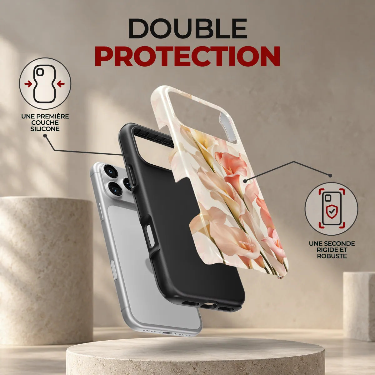 Coque Prestige Calla, double protection : une première couche en silicone souple et une seconde coque rigide et robuste