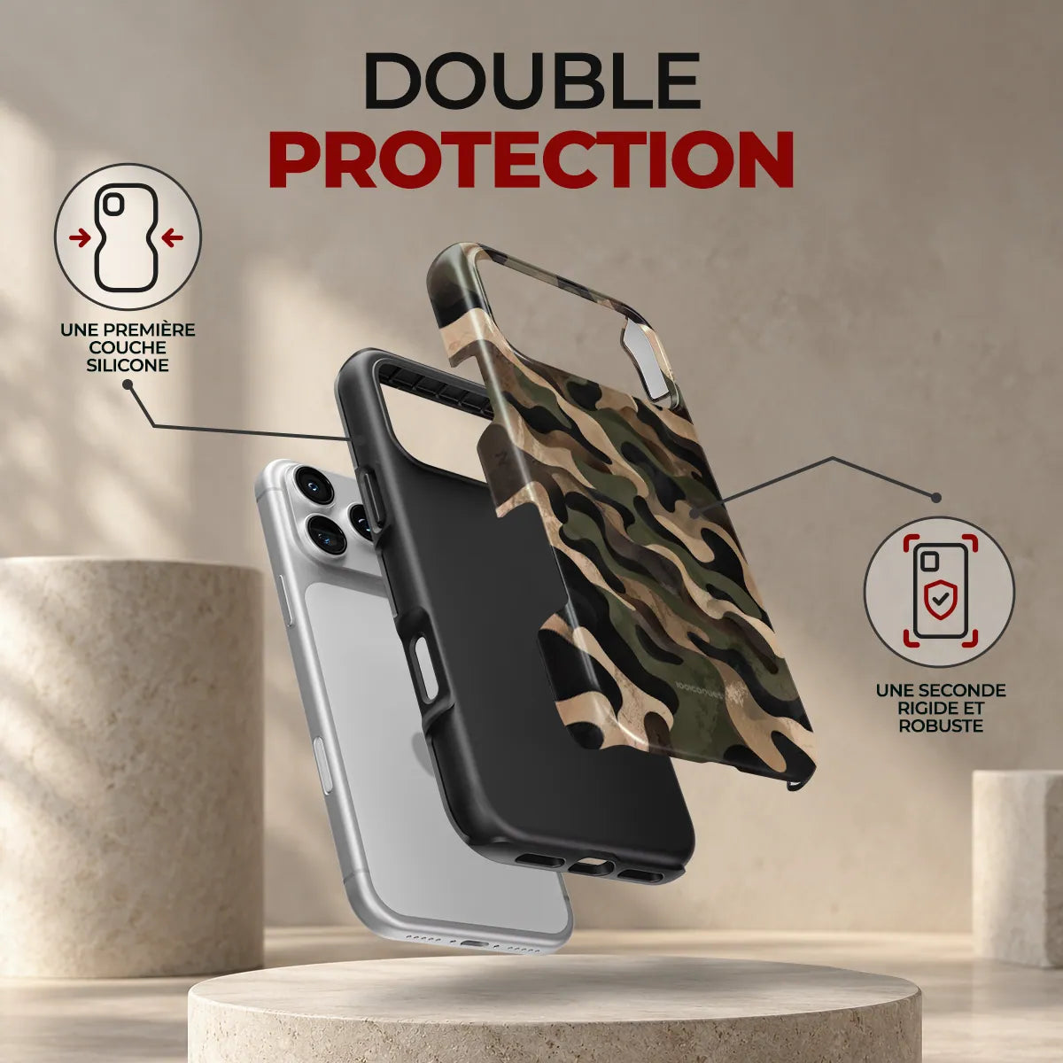 Coque Prestige Camo, double protection : une première couche en silicone souple et une seconde coque rigide et robuste