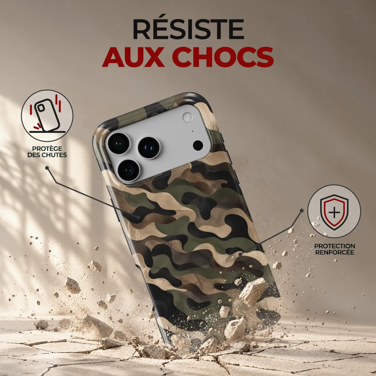 Coque Prestige Camo, résiste aux chocs : protège des chutes, protection renforcée
