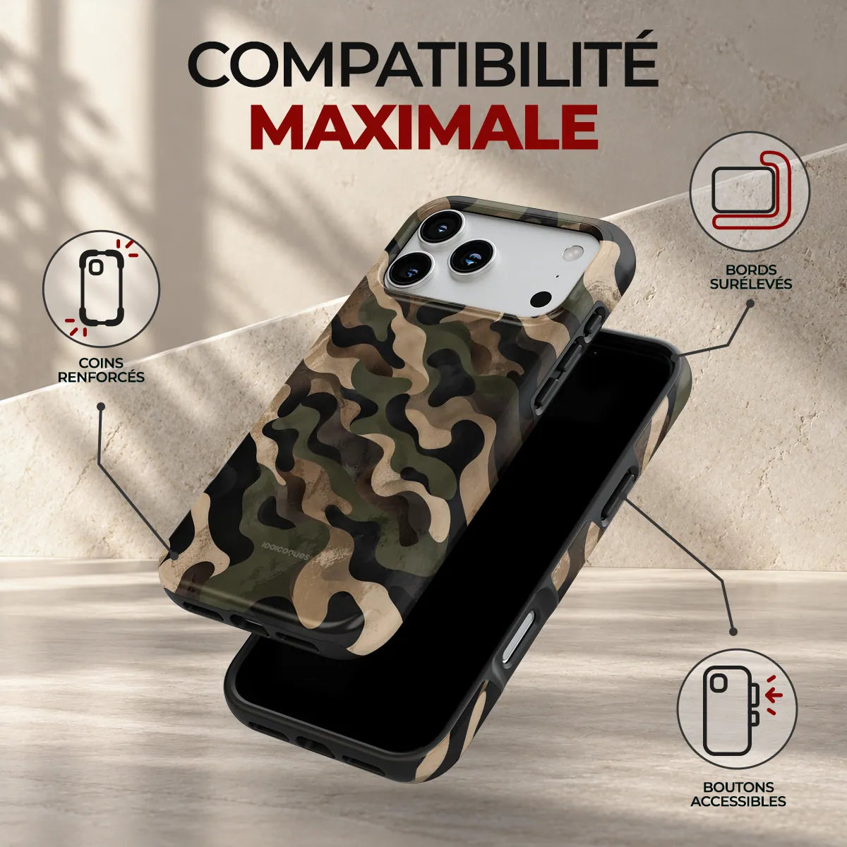 Coque Prestige Camo, compatibilité maximale : coins renforcés, bords surélevés et boutons accessibles