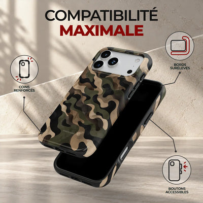 Coque Prestige Camo, compatibilité maximale : coins renforcés, bords surélevés et boutons accessibles