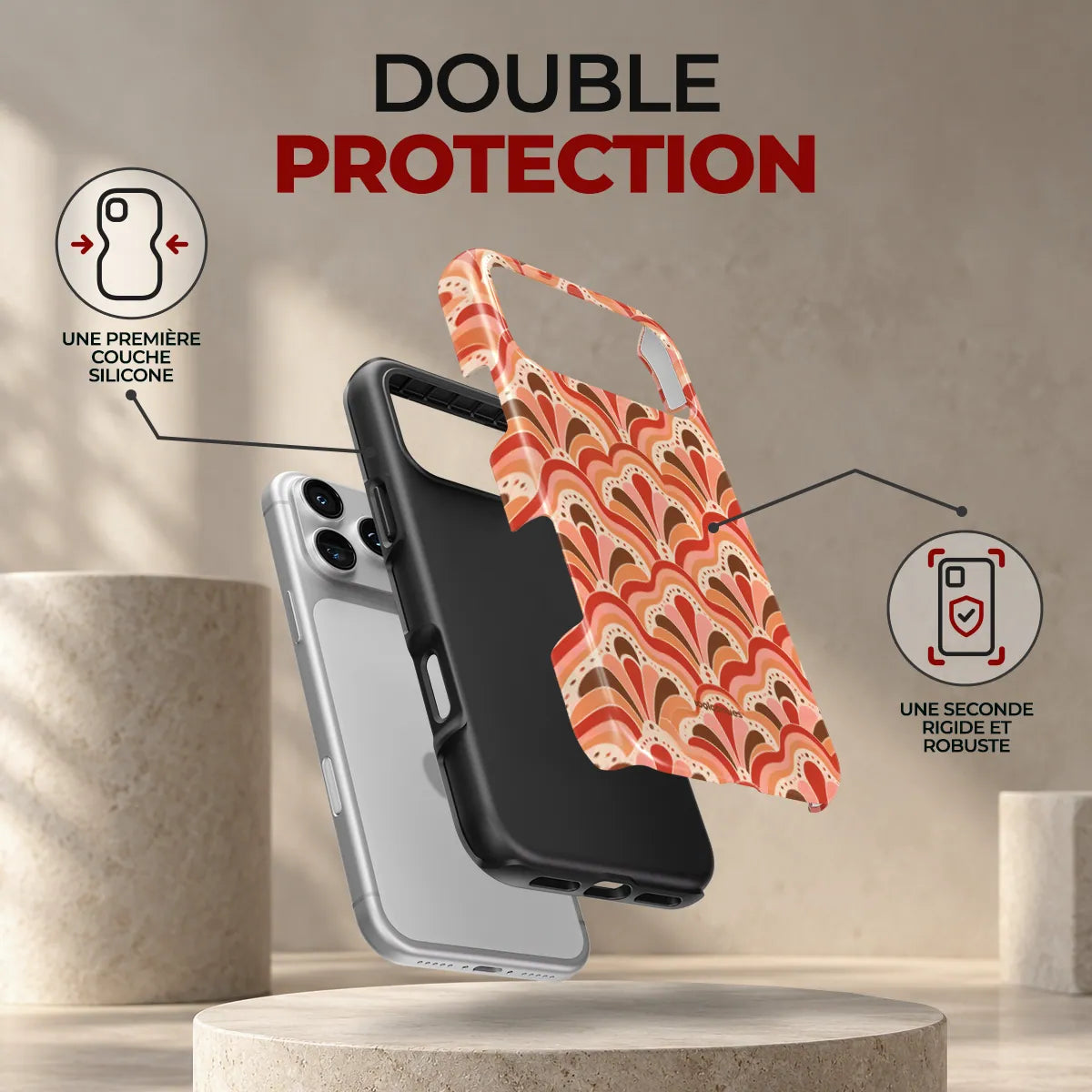 Coque Prestige Corail, double protection : une première couche en silicone souple et une seconde coque rigide et robuste