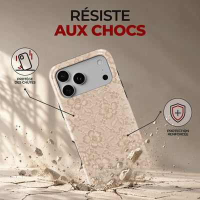 Coque Prestige Dentelle Crème, résiste aux chocs : protège des chutes, protection renforcée