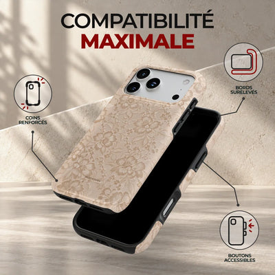 Coque Prestige Dentelle Crème, compatibilité maximale : coins renforcés, bords surélevés et boutons accessibles