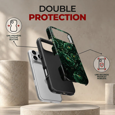 Coque Prestige Émeraude, double protection : une première couche en silicone souple et une seconde coque rigide et robuste