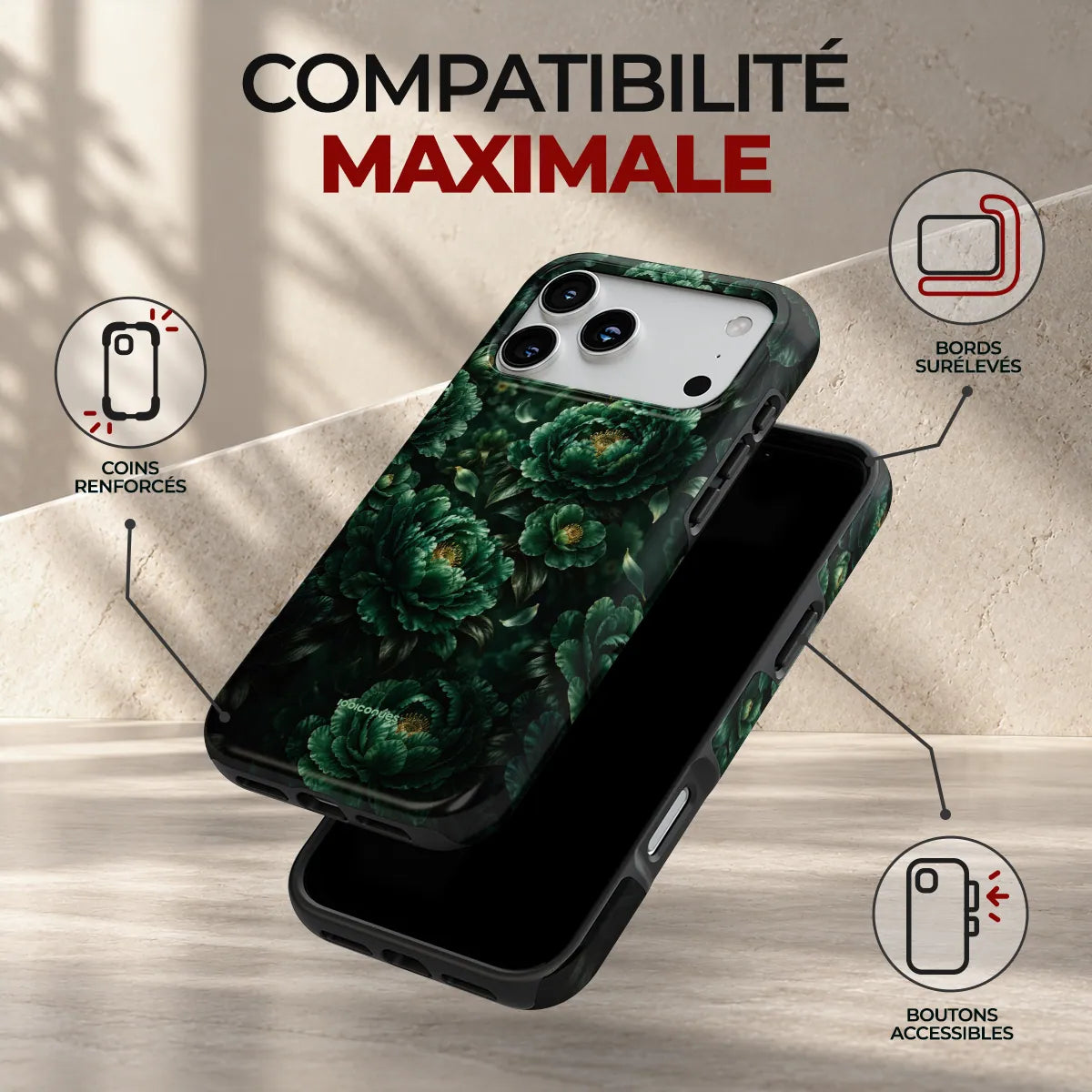 Coque Prestige Émeraude, compatibilité maximale : coins renforcés, bords surélevés et boutons accessibles