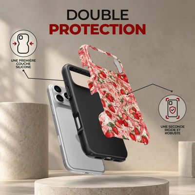 Coque Prestige Fraise, double protection : une première couche en silicone souple et une seconde coque rigide et robuste