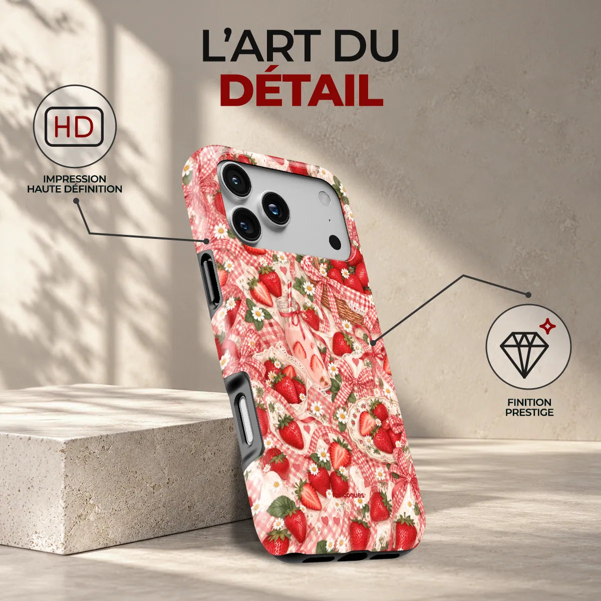 Coque Prestige Fraise, l'art du détail : impression haute définition et finition prestige