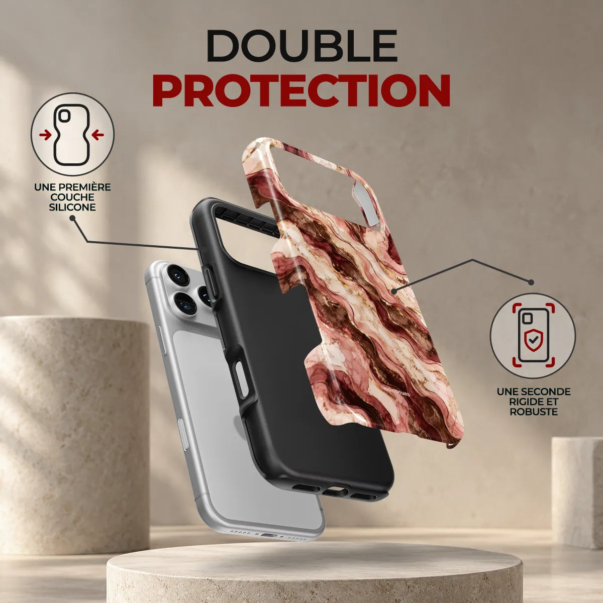 Coque Prestige Grenat, double protection : une première couche en silicone souple et une seconde coque rigide et robuste