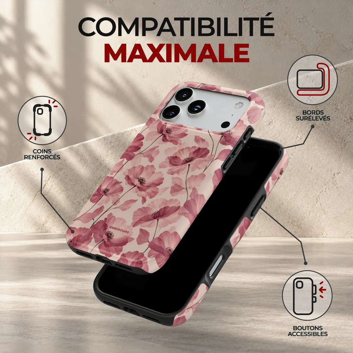 Coque Prestige Pétales, compatibilité maximale : coins renforcés, bords surélevés et boutons accessibles