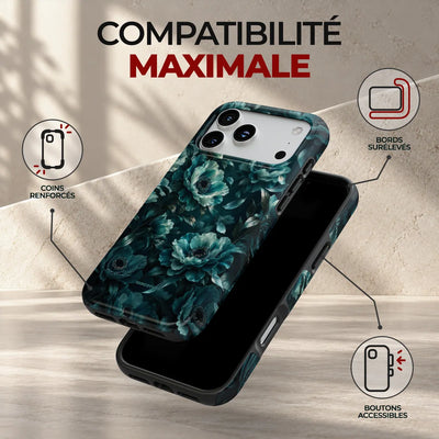 Coque Prestige Pétrole, compatibilité maximale : coins renforcés, bords surélevés et boutons accessibles