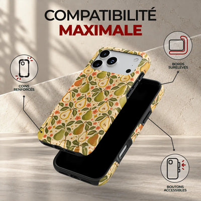 Coque Prestige Poire, compatibilité maximale : coins renforcés, bords surélevés et boutons accessibles
