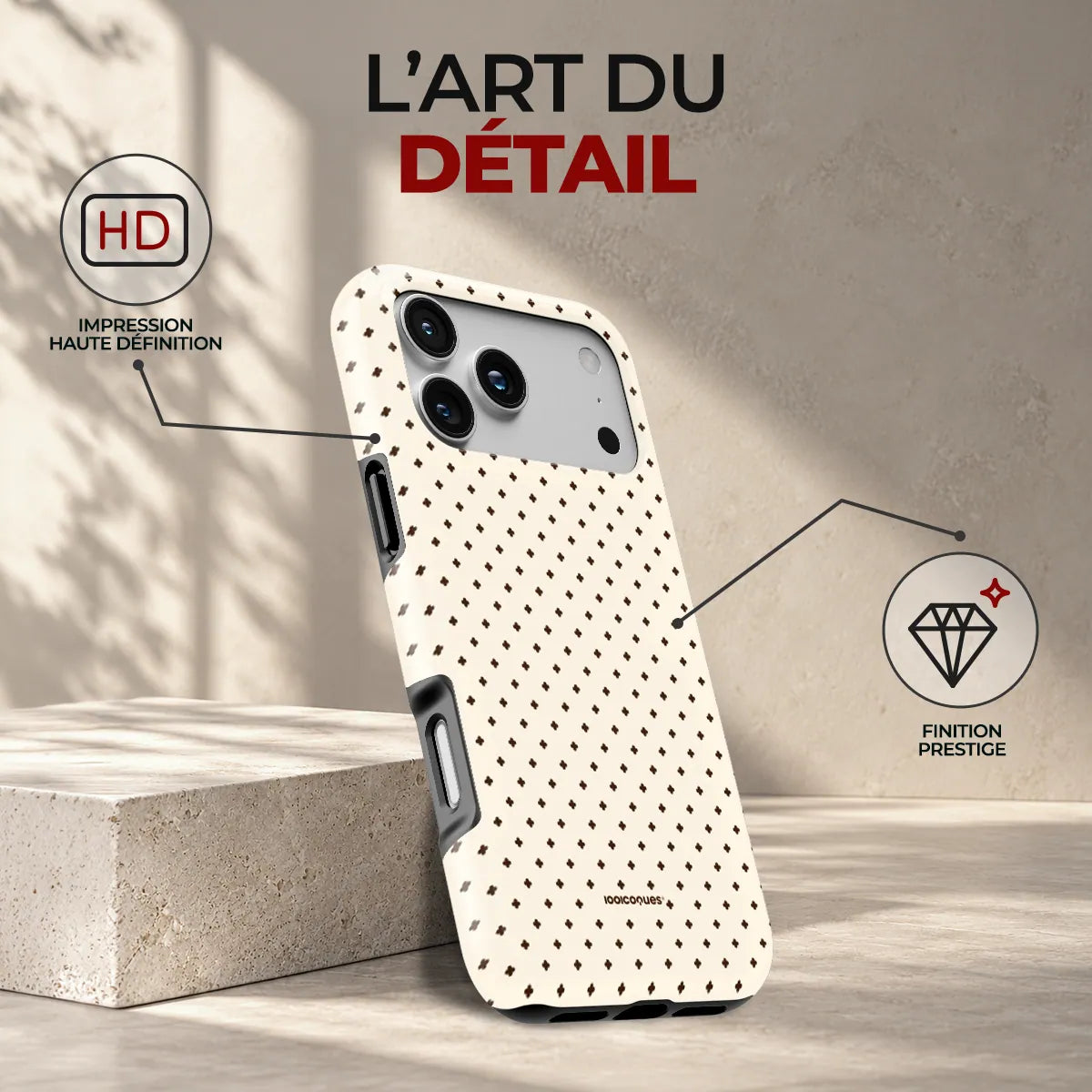 Coque Prestige Pois Crème, l'art du détail : impression haute définition et finition prestige