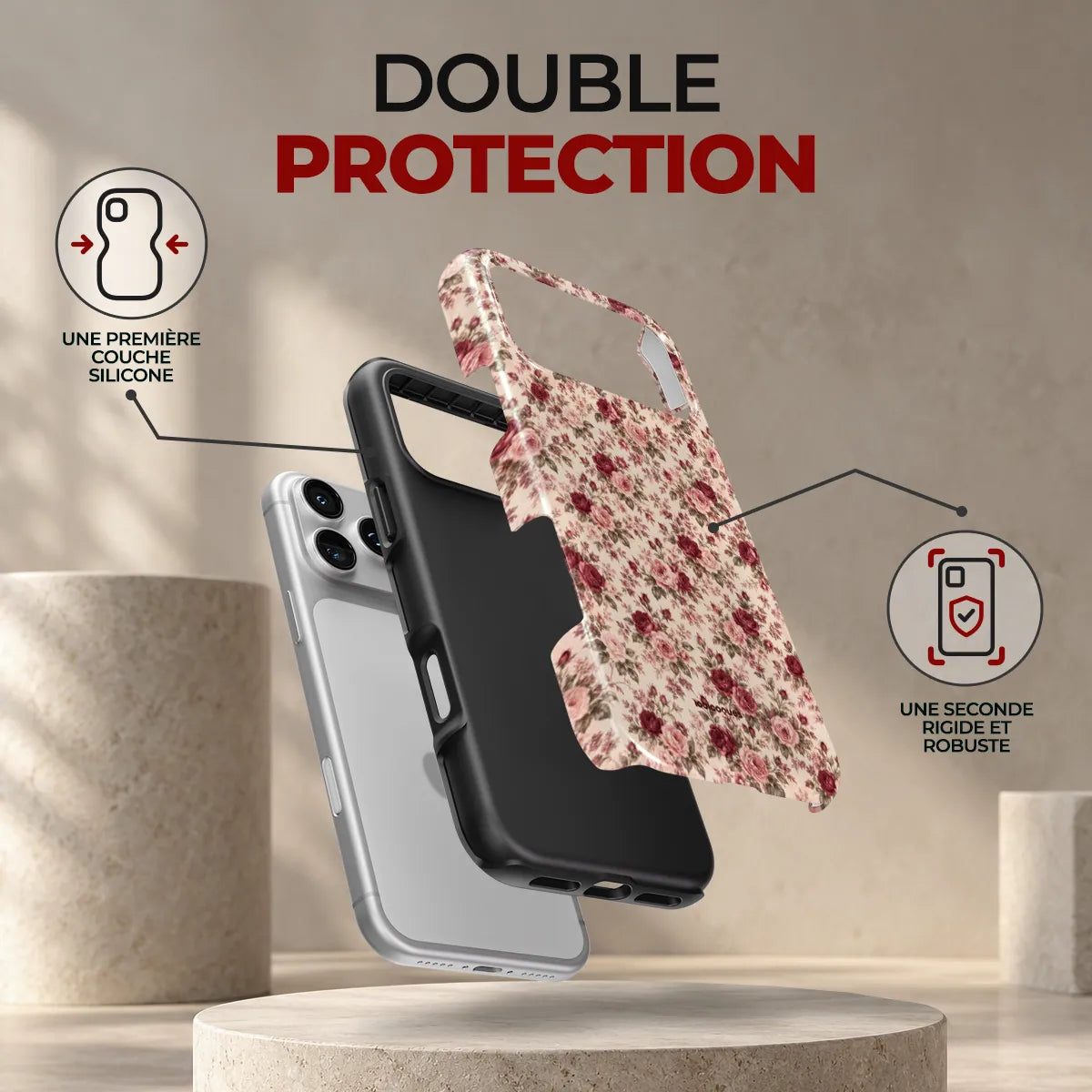 Coque Prestige Roseraie, double protection : une première couche en silicone souple et une seconde coque rigide et robuste