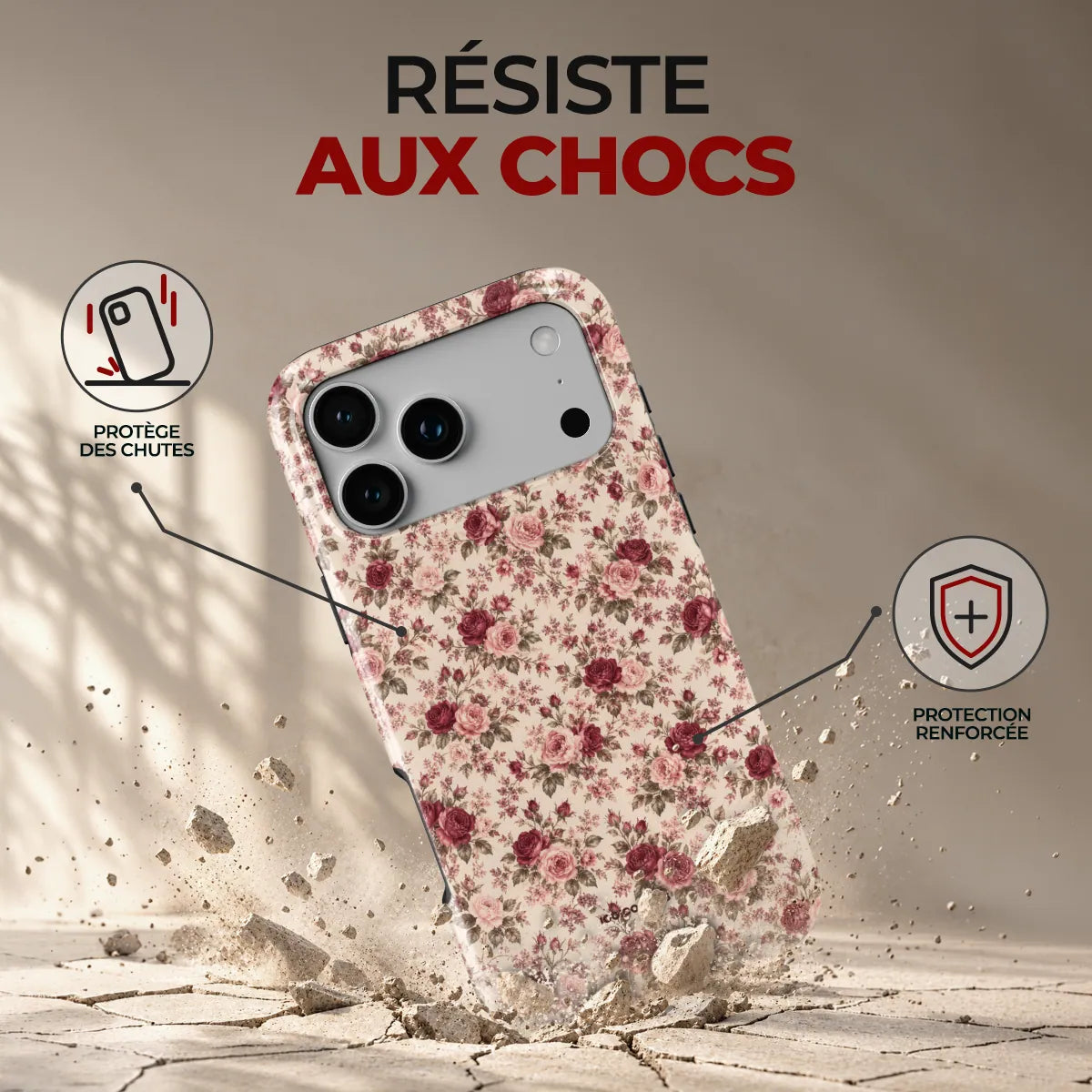 Coque Prestige Roseraie, résiste aux chocs : protège des chutes, protection renforcée
