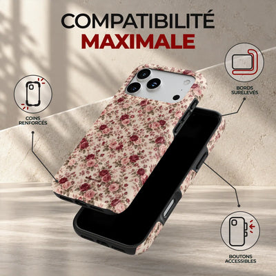 Coque Prestige Roseraie, compatibilité maximale : coins renforcés, bords surélevés et boutons accessibles