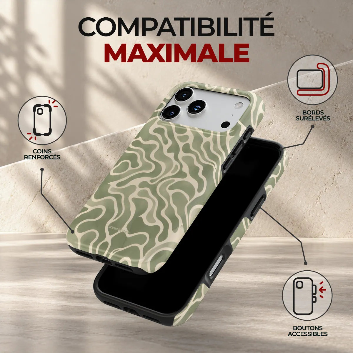 Coque Prestige Topo Sauge, compatibilité maximale : coins renforcés, bords surélevés et boutons accessibles