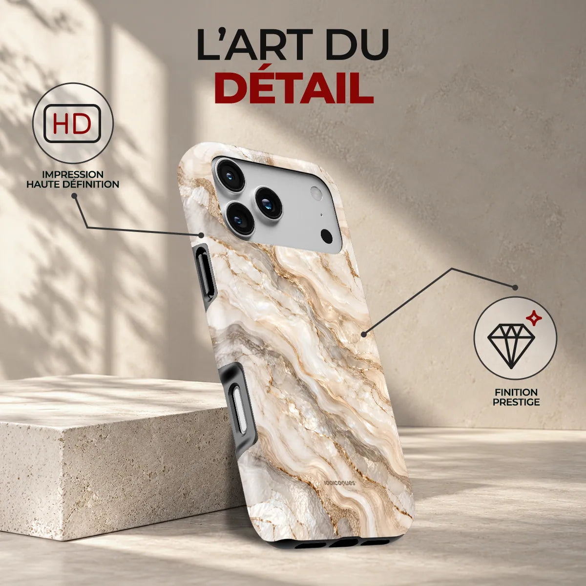 Coque Prestige Travertin, l'art du détail : impression haute définition et finition prestige