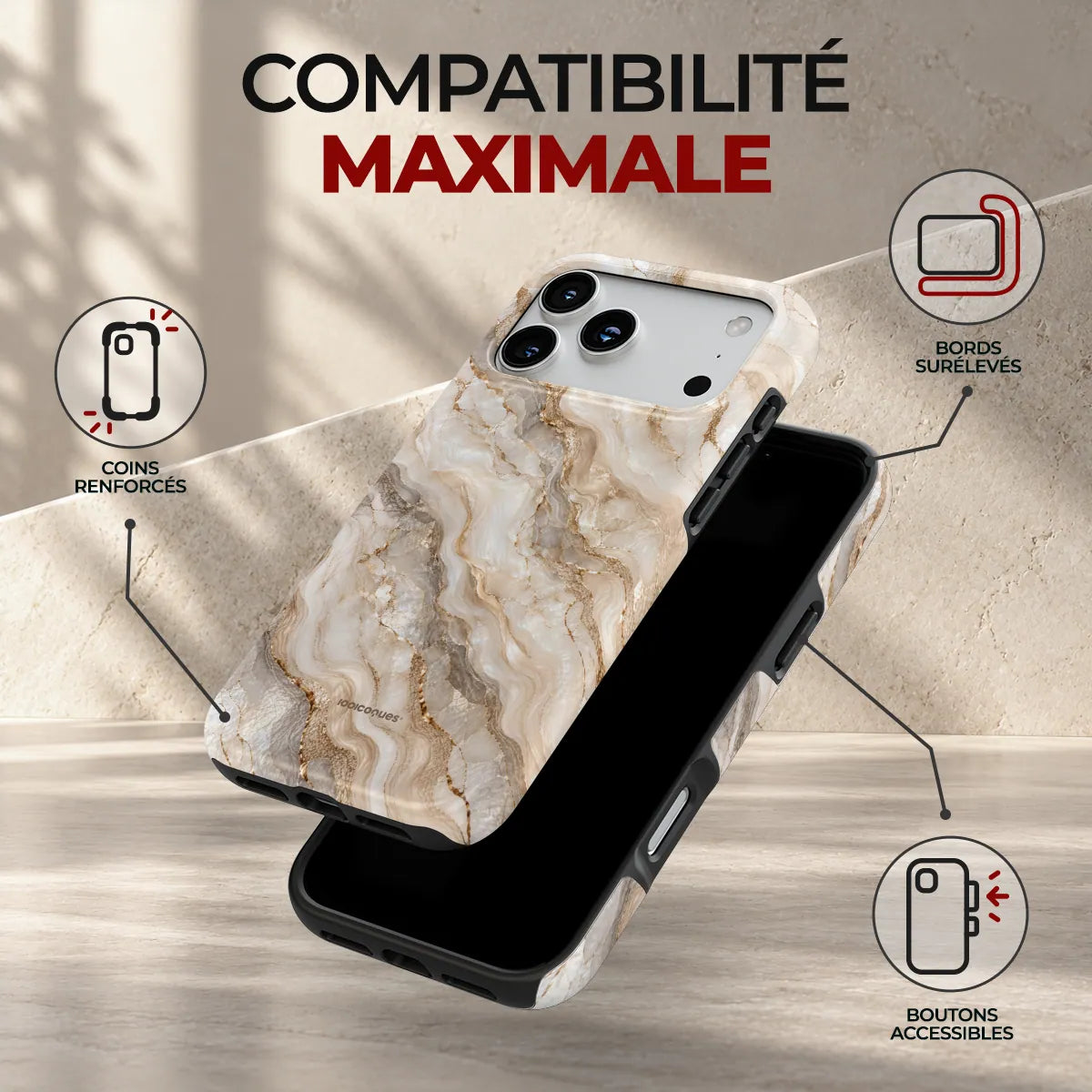 Coque Prestige Travertin, compatibilité maximale : coins renforcés, bords surélevés et boutons accessibles