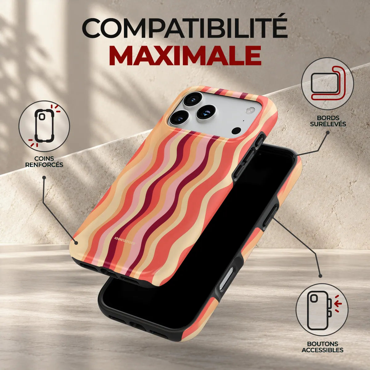 Coque Prestige Wave Pop, compatibilité maximale : coins renforcés, bords surélevés et boutons accessibles